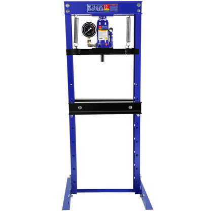 Steel H-Frame Hydraulic Shop Press with Stamping Plates to Bend, Straighten, or Press Parts, with a pressure gauge, Install Bearings and U-Joints, 12 Ton (24,000 lb) Capacity