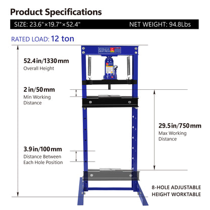 Hydraulic 12 Ton H-Frame Garage Floor Adjustable Shop Press with Plates, 12T, Blue