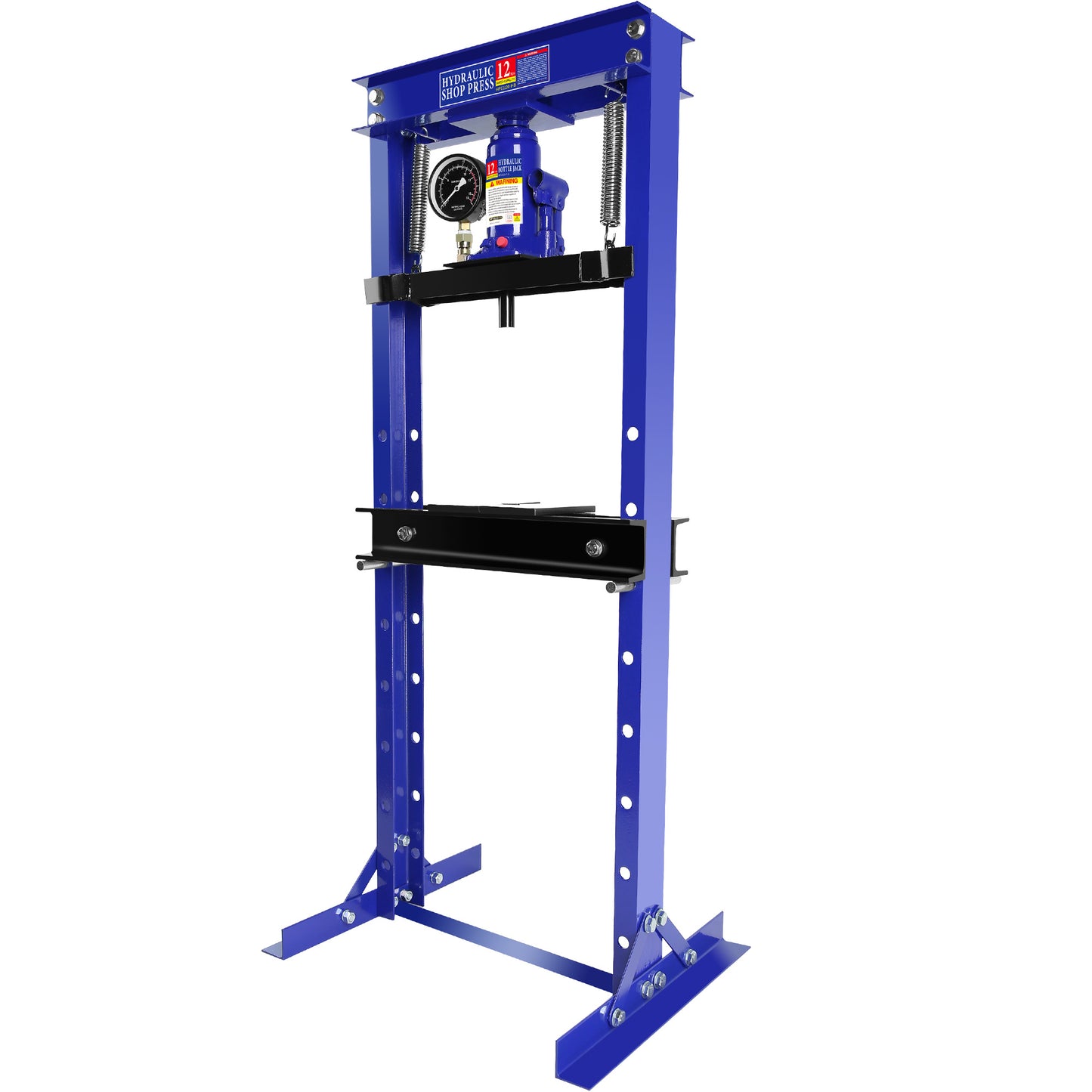 Steel H-Frame Hydraulic Shop Press with Stamping Plates to Bend, Straighten, or Press Parts, with a pressure gauge, Install Bearings and U-Joints, 12 Ton (24,000 lb) Capacity