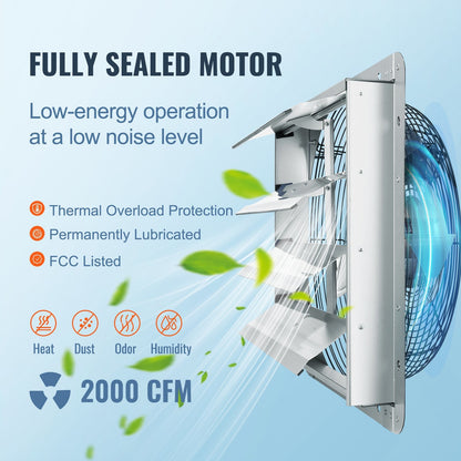 VEVOR 16''-Abluftventilator mit Jalousie, Hochgeschwindigkeit 2000 CFM, Dachbodenventilator aus Aluminium zur Wandmontage mit Wechselstrommotor, Belüftung und Kühlung für Gewächshäuser, Garagen, Schuppen, Geschäfte, FCC