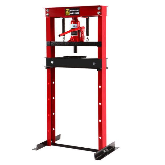 12-Ton Hydraulic Shop Press with Press Plates, H-Frame Garage Floor Press, Adjustable Working Table Height