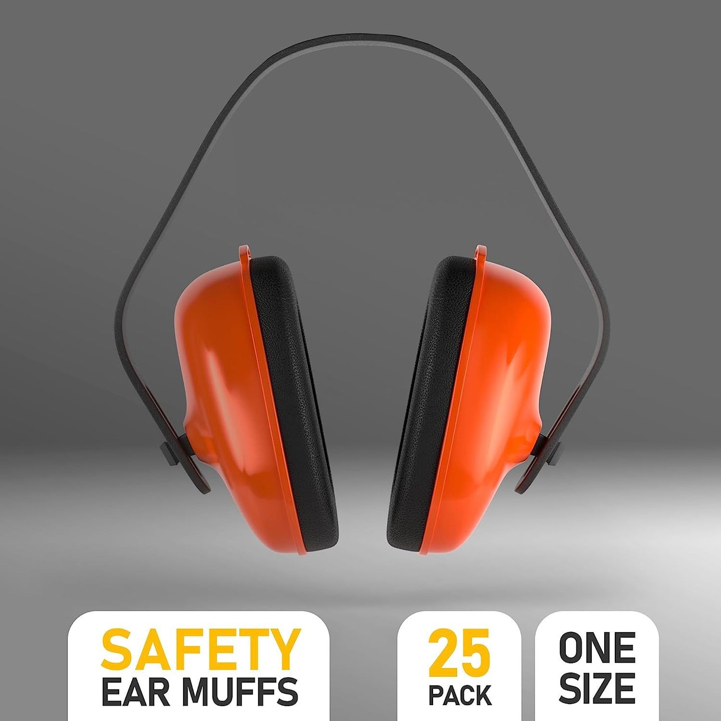 25 Pack Safety Orange Black Ear Muffs. Adjustable Headband Earmuffs. Comfortable Ear Cups. Premium Quality Hearing Protection. Best Ear Defenders for Construction; Industrial; Firearm Use.