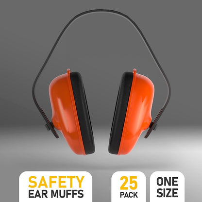 25 Pack Safety Orange Black Ear Muffs. Adjustable Headband Earmuffs. Comfortable Ear Cups. Premium Quality Hearing Protection. Best Ear Defenders for Construction; Industrial; Firearm Use.