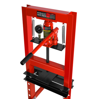 6 Ton Hydraulic Shop Floor Press, with pressure gauge Steel H-Frame Shop Press with Steel Plates Adjustable Working Table, Red