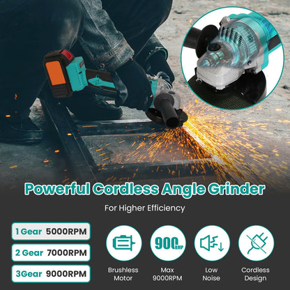 21V Cordless Angle Grinder Kit with Brushless Motor 5Pcs Cutting Wheels Rechargeable Cut-Off Grinding Tool 3 Speeds Up to 9000RPM For Metal Wood Tile