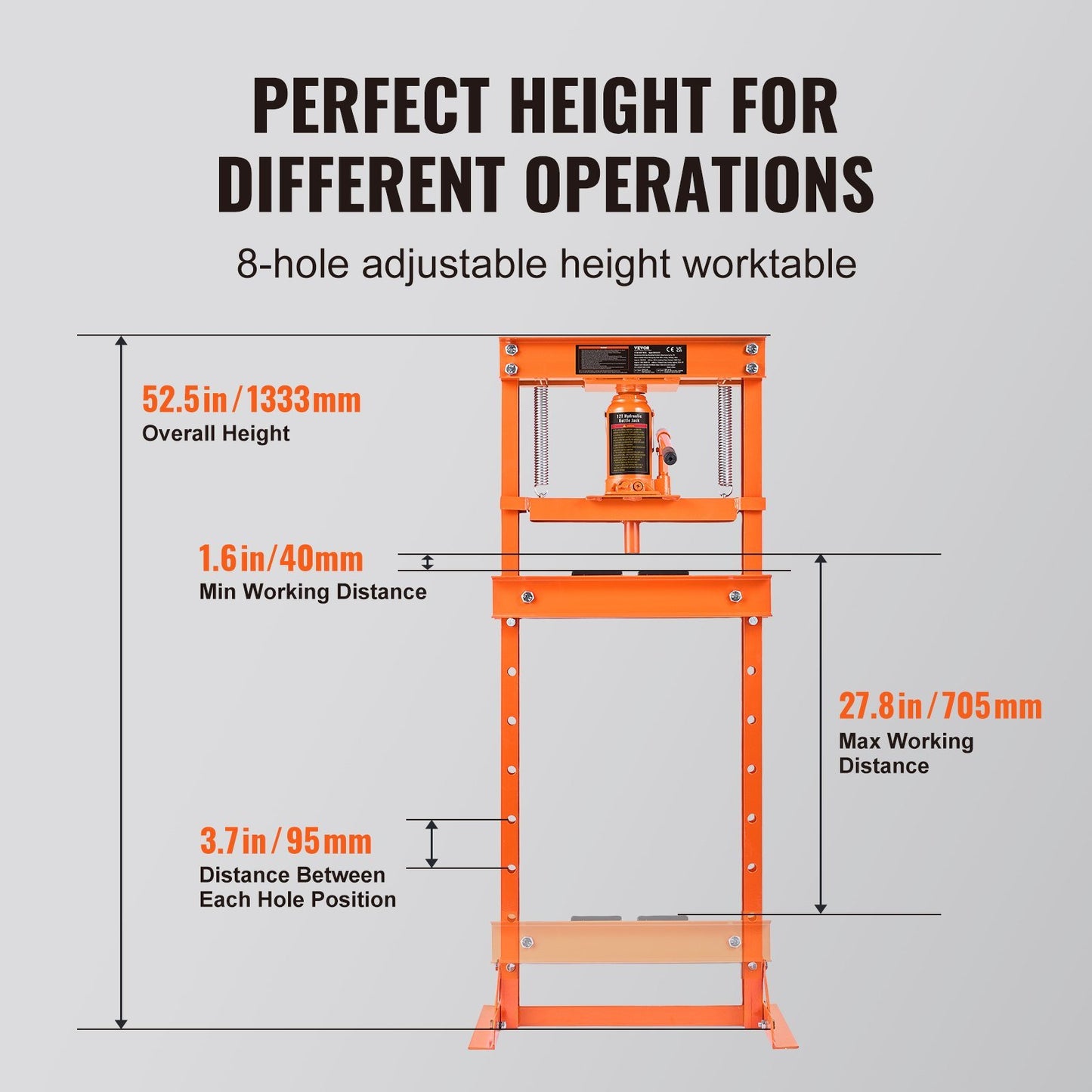 VEVOR Hydraulic Shop Press, 12 Ton H-Frame Hydraulic Garage/Shop Floor Press, Adjustable Shop Press with Press Plates, Heavy Duty Hydraulic Press for Garage, Shop, Workshop